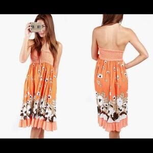 90s Vintage Floral Orange Summer Dress Japanese flowers